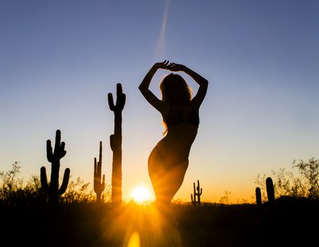 A model posing in the desert of the American Southwest at sunset.