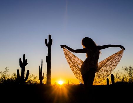 A model posing in the desert of the American Southwest at sunset.