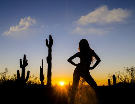 A model posing in the desert of the American Southwest at sunset.