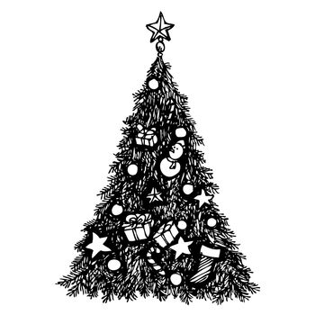 Freehand sketch illustration of grunge Christmas tree on white background, doodle hand drawn