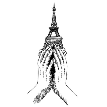 Freehand sketch  illustration of pray hands and  Eiffel Tower ,Paris on white background, doodle hand drawn, Peace for Paris , Pray for Paris 