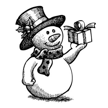Freehand sketch  illustration of grunge christmas snowman with hat and gift box on white background, doodle hand drawn