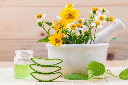 Alternative health care fresh herbal Aloe vera , oil and wild flower with mortar on wooden background.