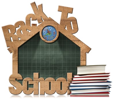 Empty blackboard with wooden frame in the shape of school building with text Back to school, a stack of books and colorful clock