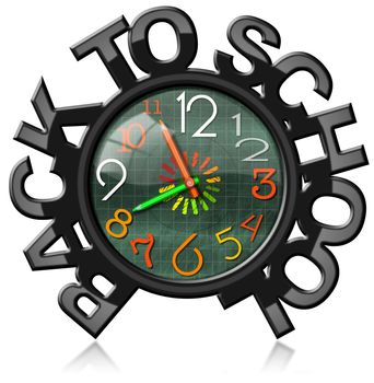 Green blackboard with black frame in the shape of text Back to school with colorful clock. Isolated on white background
