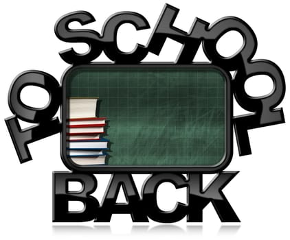 Empty green blackboard with black frame in the shape of text Back to school and a stack of books. Isolated on white background