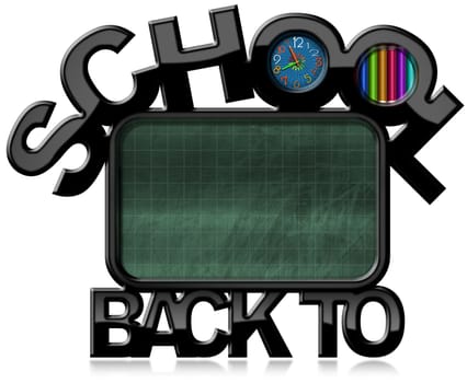 Empty green blackboard with black frame in the shape of text Back to school, clock and colorful books. Isolated on white background