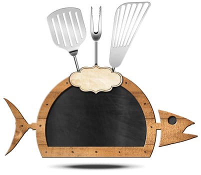 Blackboard with wooden frame in the shape of fish with kitchen utensils and empty label. Template for recipes or fish menu