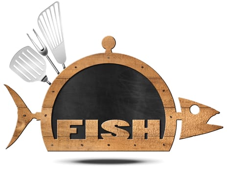 Blackboard with wooden frame in the shape of fish and serving dome with kitchen utensils, empty label and text Fish. Isolated on white