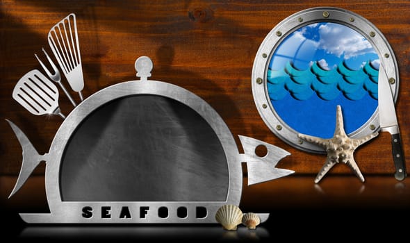 Blackboard in the shape of fish and serving dome with kitchen utensils, porthole with sea waves, seashells, starfish and kitchen knife.