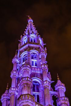 Night view of the tower of the ancient Town Hall in theGrand Place, Brussels, Belgium.