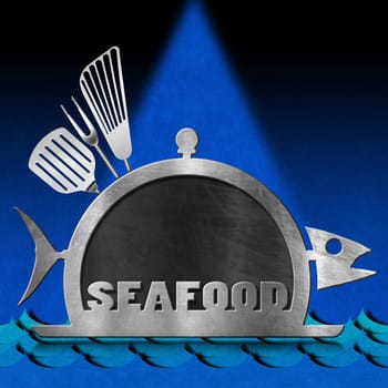 Blackboard with steel frame in the shape of fish and serving dome with kitchen utensils and text Seafood. On a blue background with sea waves