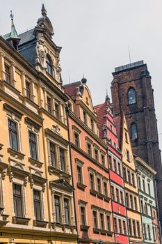 Facades of ancient tenements in the Old Town in Wroclaw, Poland.