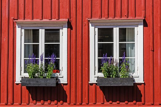 Windows on a wooden facade, exapmle of typical Swedish traditional architecture.