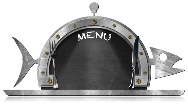 Blackboard with steel frame in the shape of fish and serving dome with silver cutlery and text Menu. Isolated on white background
