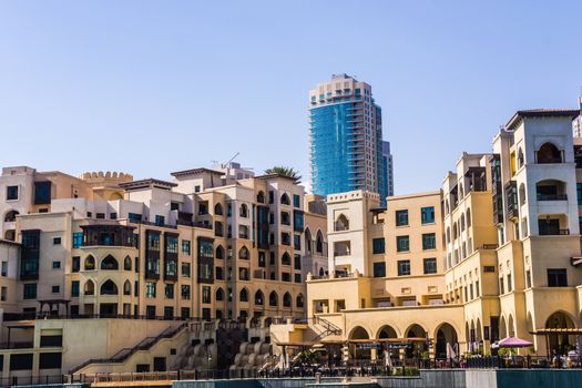 Area of Souk al Bahar hotel and shopping mall in Dubai, UAE, on February 3, 2013. Complex located on The Old Town Island, built in traditional Arabic architectural style.