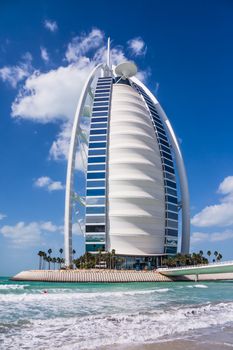 Burj Al Arab in Dubai, considered the world's most luxurious hotel, on February 03, 2013. Built on an artificial island 280m from Jumeirah beach, best recognizable landmark of Dubai.