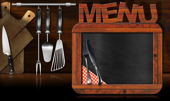 Old empty blackboard with wooden rectangular frame and text Menu in the kitchen with utensils. Template for recipes or food menu