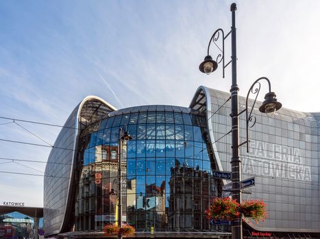 Closeup view of Galeria Katowicka mall in Katowice. Together with the new railway station nearby it forms one of the most modern shopping-travel complex in Poland.