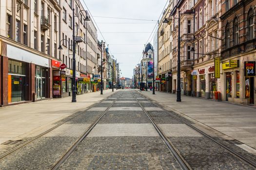 3rd May street in Katowice, empty on Easter Sunday. The most prestigious avenue in town, full of many shops including Galeria Katowicka, connects 2 main squares in the city.