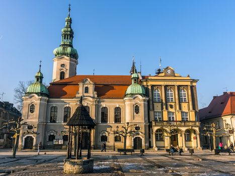 Lutheran church and town hall in the main square in Pszczyna. City was founded 1303 and Lutheranism was introduced to Pszczyna in 1568 by Duke Karol Promnitz.