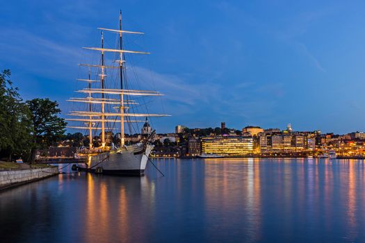 The af Chapman, full-rigged steel ship launched in 1888, nowadays moored on the western shore of the Skeppsholmen islet in Stockholm serves as a youth hostel.