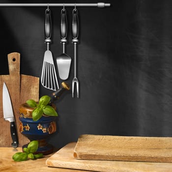 Empty blackboard on the wall, mortar and pestle with basil leaves, cutting boards and kitchen utensils. Template for recipes or food menu