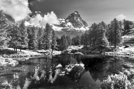 Landscape from Blue Lake on the Mountain Cervino in infrared version, Aosta Valley - Italy