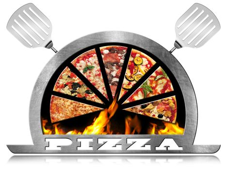 Metallic symbol with pizza slices, flames, text Pizza and two steel spatulas. Isolated on white background