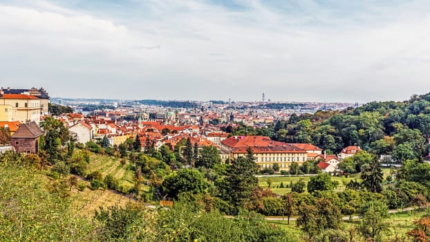 Panorama of Prague, the capital of the Czech Republic on the Vltava River, home to many attractions including the Prague Castle, the Charles Bridge and Old Town Square.