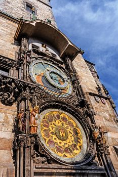 The Prague astronomical clock (Czech: Prazsky orloj) installed on the southern wall of Old Town Hall in the Old Town Square.