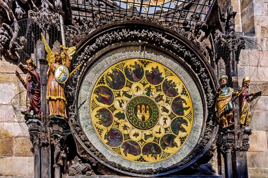 Details of the Prague astronomical clock (Czech: Prazsky orloj) a medieval astronomical clock installed on the southern wall of Old Town Hall in the Old Town Square.