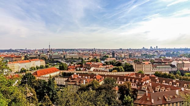 Panorama of Prague, the capital of the Czech Republic on the Vltava River, home to many attractions including the Prague Castle, the Charles Bridge and Old Town Square.