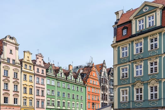 Facades of ancient tenements in the Old Town in Wroclaw, Poland.