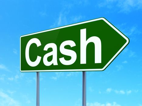 Currency concept: Cash on green road highway sign, clear blue sky background, 3d render