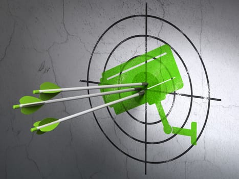 Success security concept: arrows hitting the center of Green Cctv Camera target on wall background