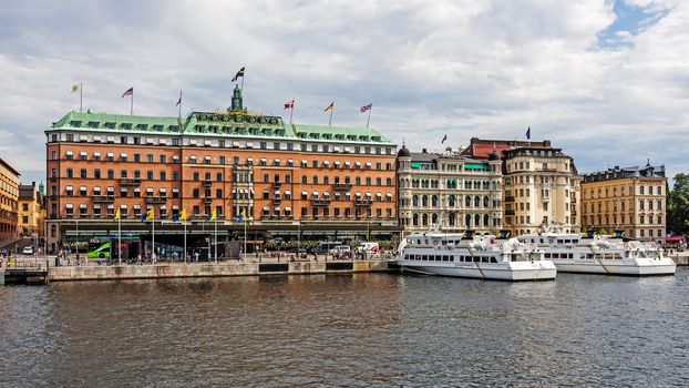 STOCKHOLM - AUGUST 11, 2015: Five-star The Grand Hotel Stockholm founded in 1872. Since 1901, the Nobel Prize laureates and their families have traditionally been guests at the hotel.