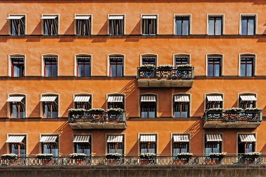 Closeup of the facade of The Grand Hotel Stockholm founded in 1872. Since 1901, the Nobel Prize laureates and their families have traditionally been guests at the hotel.