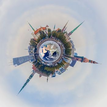 Riga old town skyline view from above, 360 degree miniplanet (Elements of this image furnished by NASA)