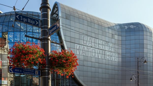 Closeup view of Galeria Katowicka mall in Katowice. Together with the new railway station nearby it forms one of the most modern shopping-travel complex in Poland.