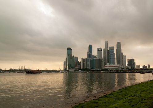 Singapore,view from Singapore river on the Central Buisnes District at sunset,evening.editorial.Horizontal view.