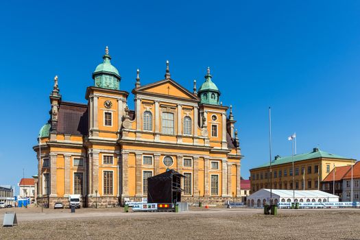 Kalmar Cathedral preceded by the bandstand prepared for Kalmar City Festival. The Baroque cathedral designed by Nicodemus Tessin was built in the years 1660-1703.