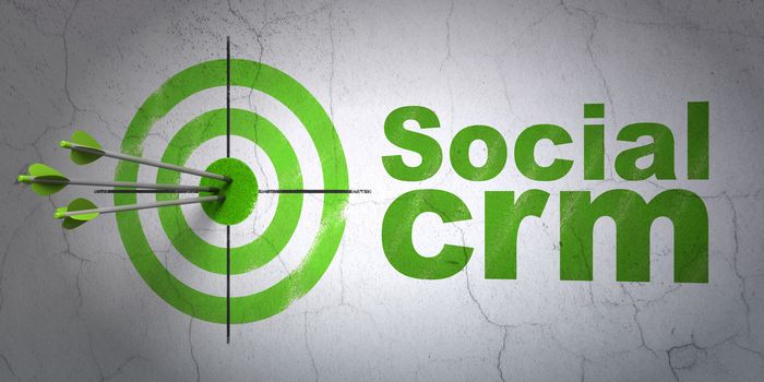 Success advertising concept: arrows hitting the center of target, Green Social CRM on wall background