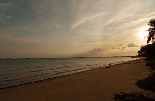 Singapore, East Coast Park.View on the ocean and Beach at sunset.Horizontal view.