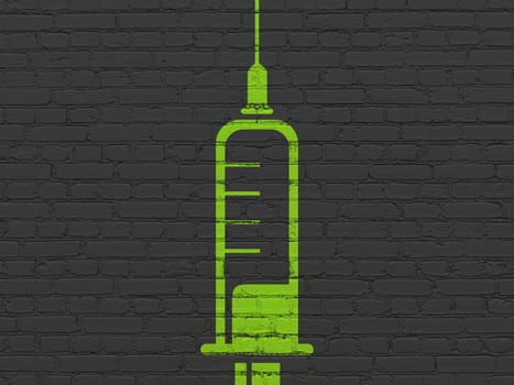 Medicine concept: Painted green Syringe icon on Black Brick wall background