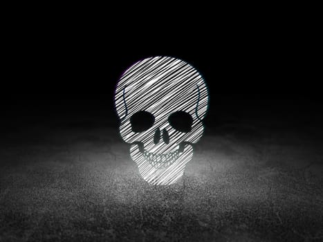 Health concept: Glowing Scull icon in grunge dark room with Dirty Floor, black background