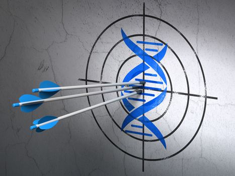 Success Healthcare concept: arrows hitting the center of Blue DNA target on wall background