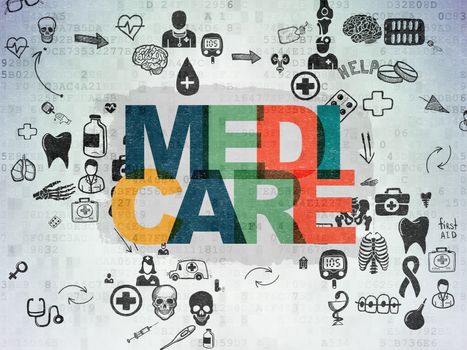 Health concept: Painted multicolor text Medicare on Digital Paper background with Scheme Of Hand Drawn Medicine Icons