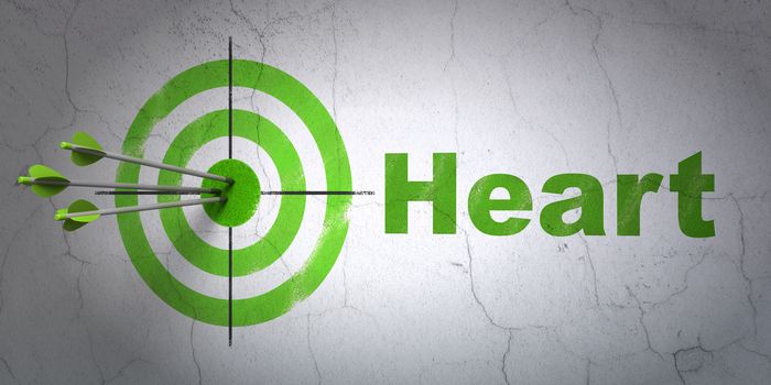 Success Healthcare concept: arrows hitting the center of target, Green Heart on wall background