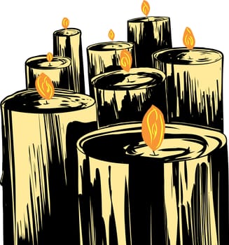 Group of large cartoon wax candles with flames